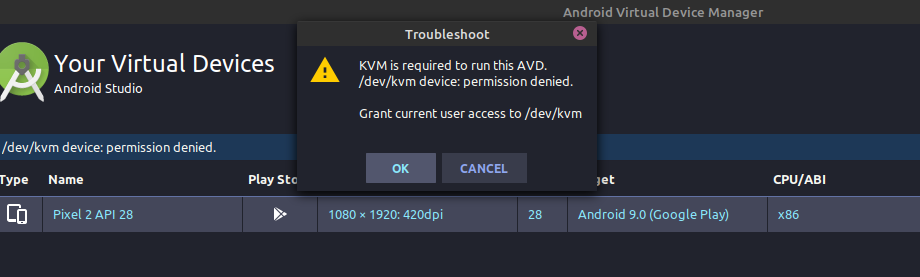 kvm device permission denied